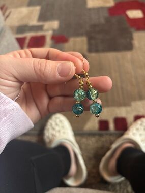 Teal Crackle Glass Bead Dangle Earrings with Gold Accents
